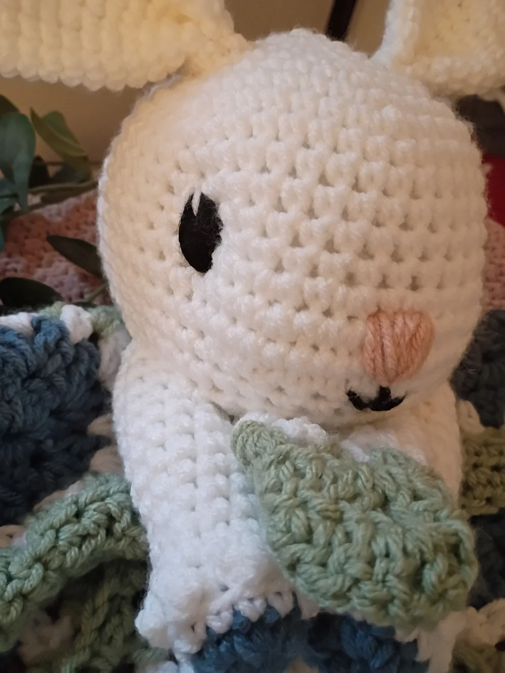 Handmade Bunny Lovey Blanket in White, Sage and Blue